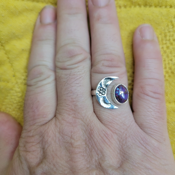 Sterling Crescent Moon with Copper Purple Turquoise size 9 - Picture 2 of 5